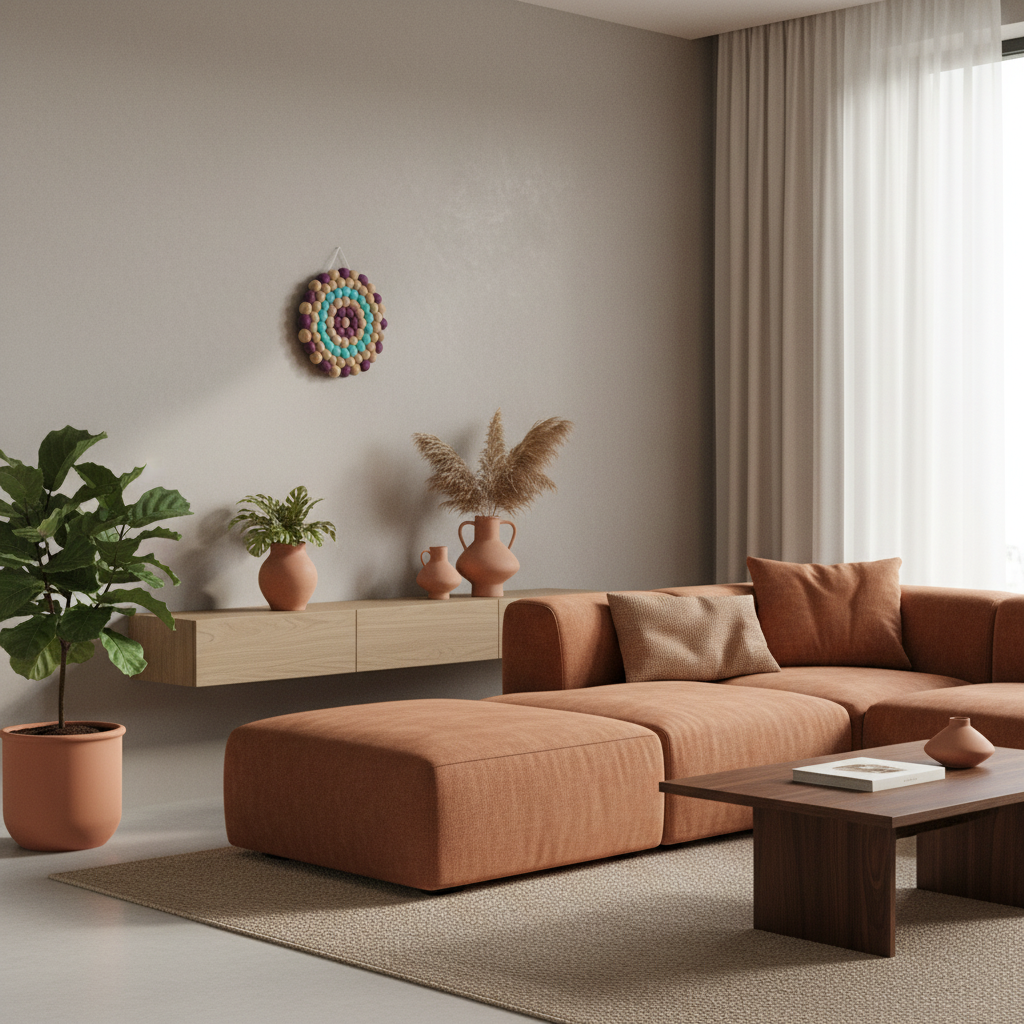 Tapisserie Solstice dans un salon contemporain aux tons terreux – déco minimaliste – CELAINEDECO