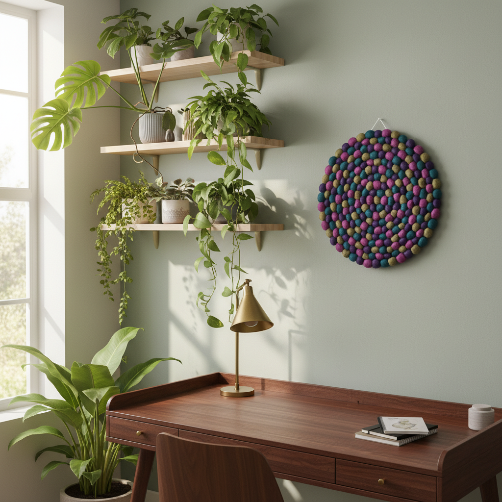 Tapisserie Murale Velours suspendue au dessus d'un bureau style botanique 