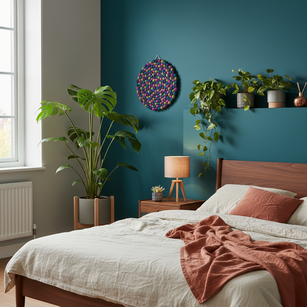 Tapisserie Murale Velours – chambre botanique mur bleu canard et meubles en noyer