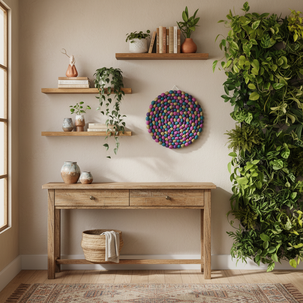 Tapisserie Murale Velours – Entrée bohème naturelle avec console et mur de plantes