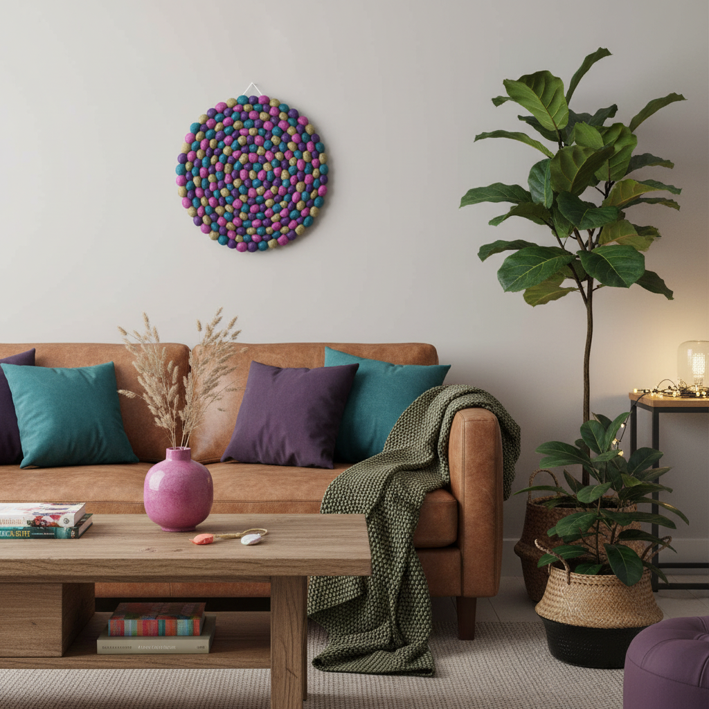 Tapisserie Murale Velours dans un salon contemporain chaleureux cuir, olive et bleu canard
