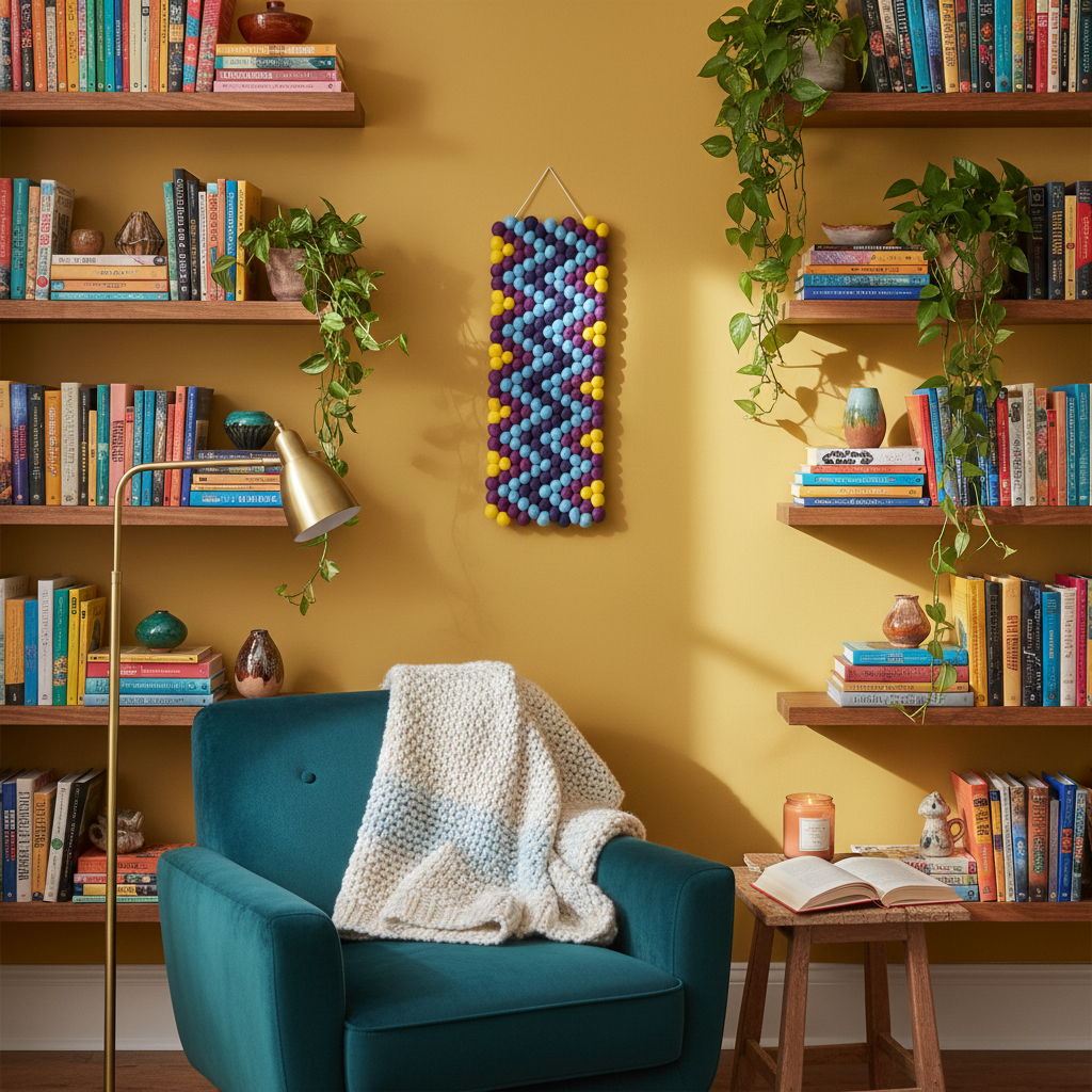 Tapisserie murale Vibrato au-dessus d'une bibliothèque – ambiance contemporaine jaune et violet – CELAINEDECO