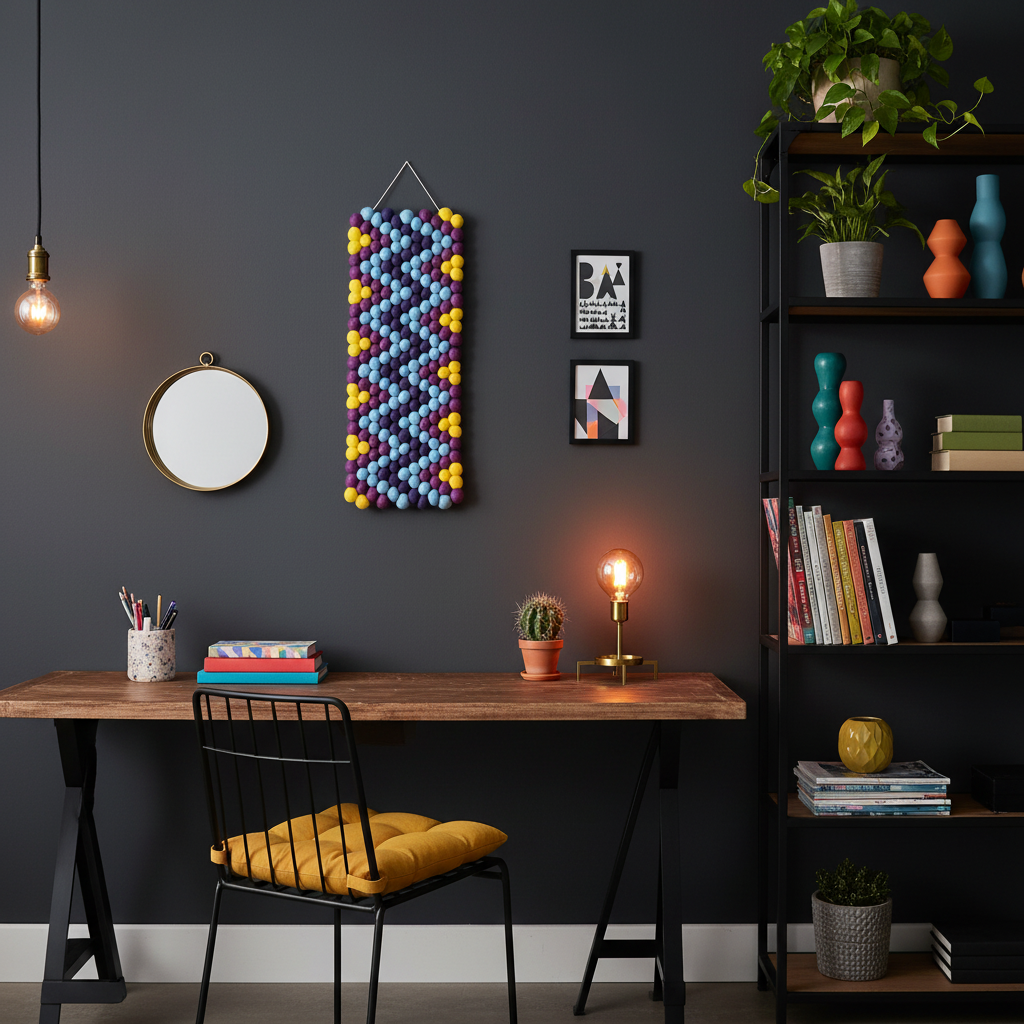 Tapisserie murale Vibrato dans un bureau industriel bohème – laine Mérinos zigzag fait main en France – CELAINEDECO