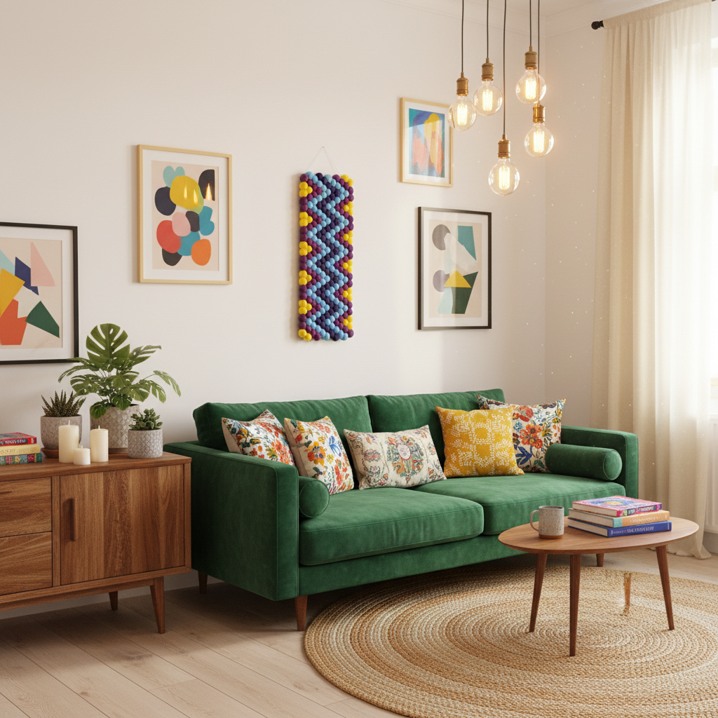Tapisserie murale Vibrato dans un salon éclectique – décoration murale colorée et graphique – CELAINEDECO