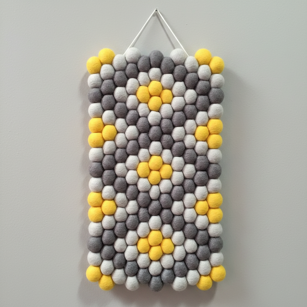 Tapisserie murale Zeste en pompons feutrés laine Mérinos – gris fumé, gris perle et jaune citron – fond gris – CELAINEDECO