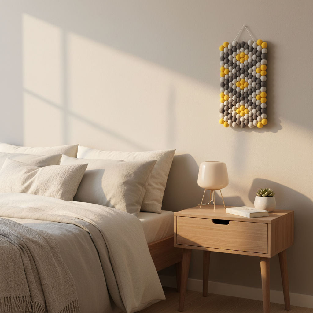 Tapisserie Zeste suspendue dans une chambre – décoration murale géométrique jaune citron et gris – style minimaliste scandinave – CELAINEDECO