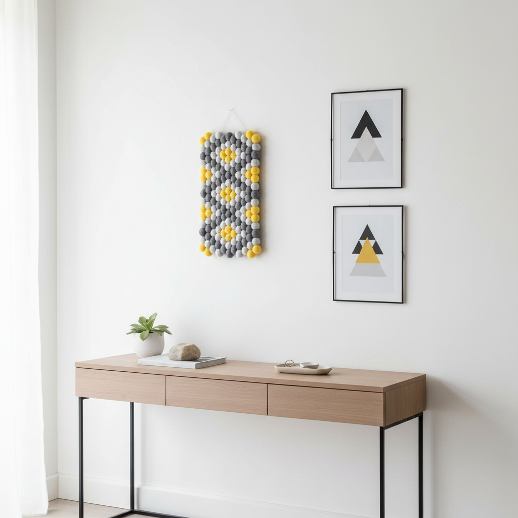 Tapisserie Zeste dans une entrée avec console – vue globale – décoration murale géométrique gris et jaune – laine Mérinos fait main – CELAINEDECO