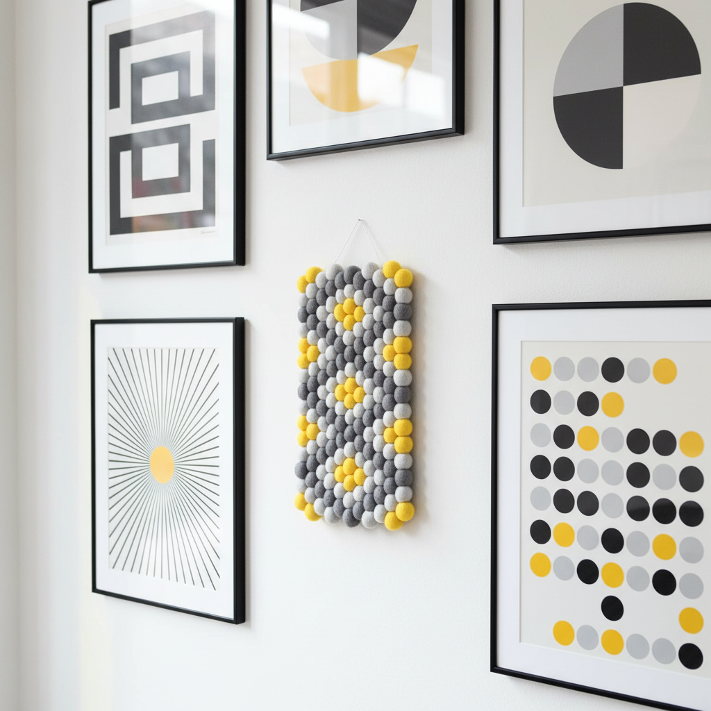 Tapisserie murale Zeste dans un mur galerie en lumière naturelle – décoration contemporaine gris et jaune – laine Mérinos fait main – CELAINEDECO