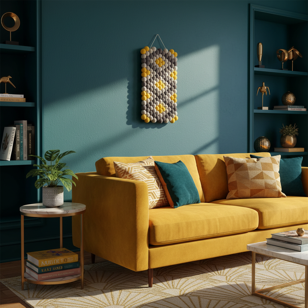 Tapisserie Zeste dans un salon luxe coloré – vue 3/4 – pompons laine Mérinos gris fumé et jaune citron – décoration murale fait main – CELAINEDECO